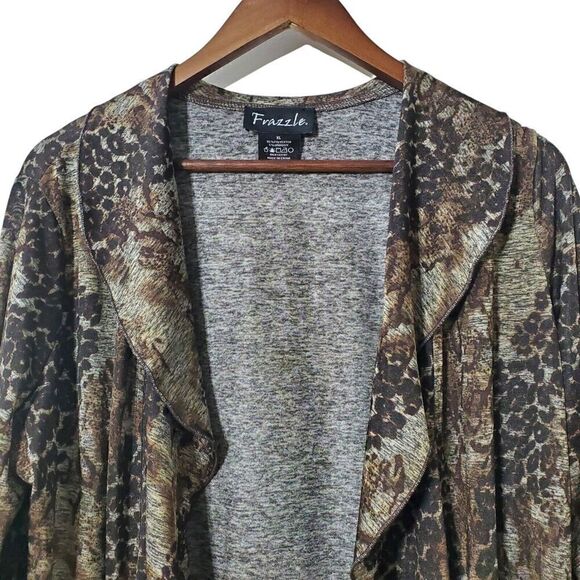Frazzle Animal Print Ruffle Cardigan Size XL Open Front Liquid Knit Womens - Picture 2 of 8